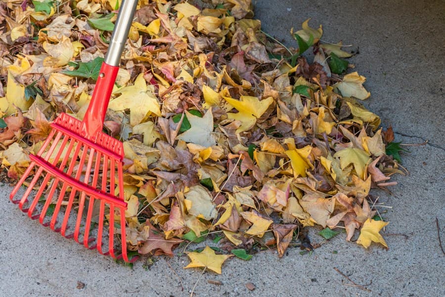 Râteau rouge posé sur un tas de feuilles mortes jaunes et brunes, sur une allée bétonnée